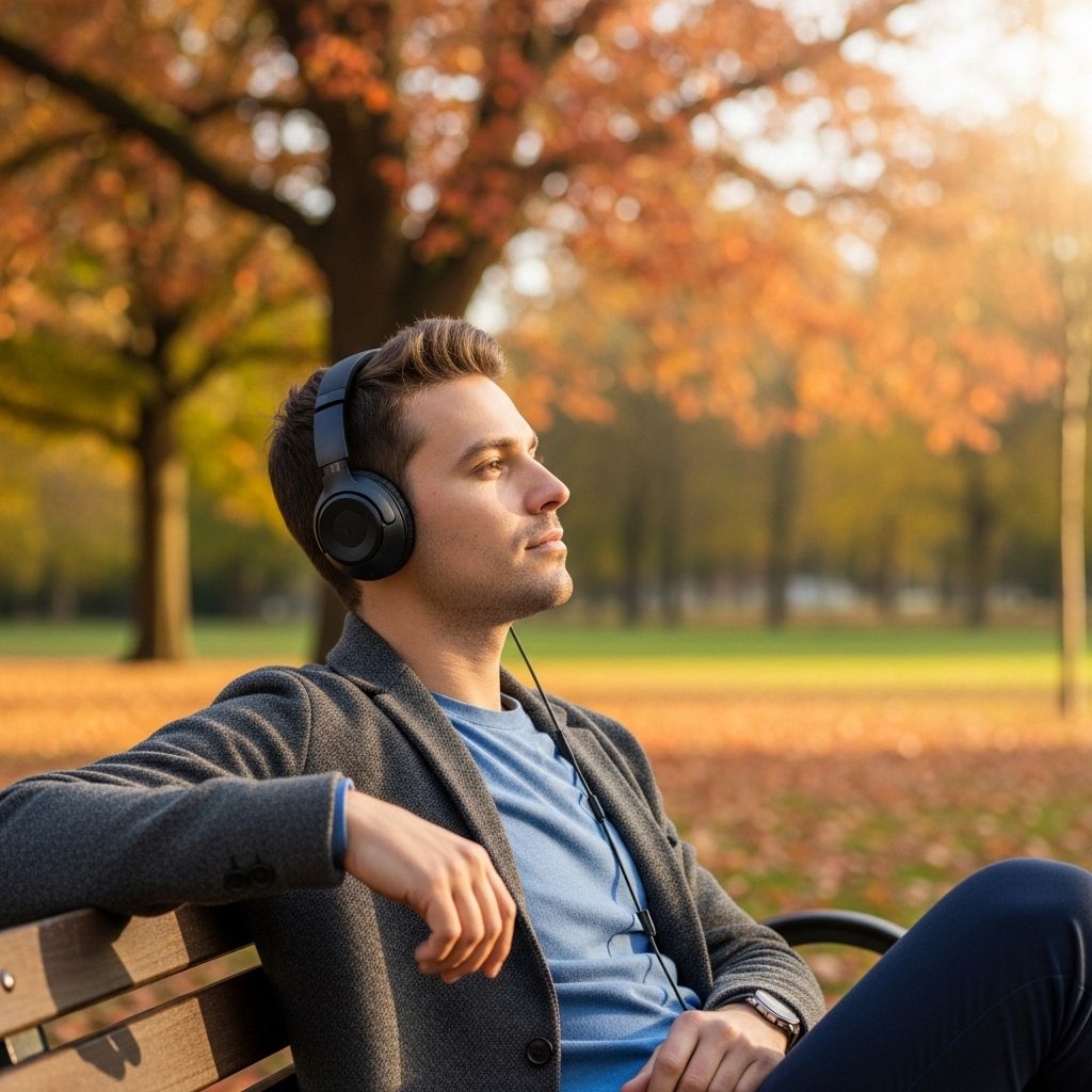 Person wearing headphones in a peaceful outdoor park setting with soft autumn light and trees in background