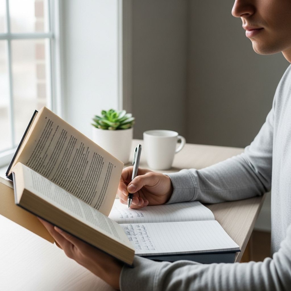 Person taking handwritten notes while reading from an open book in a bright, minimalist study environment